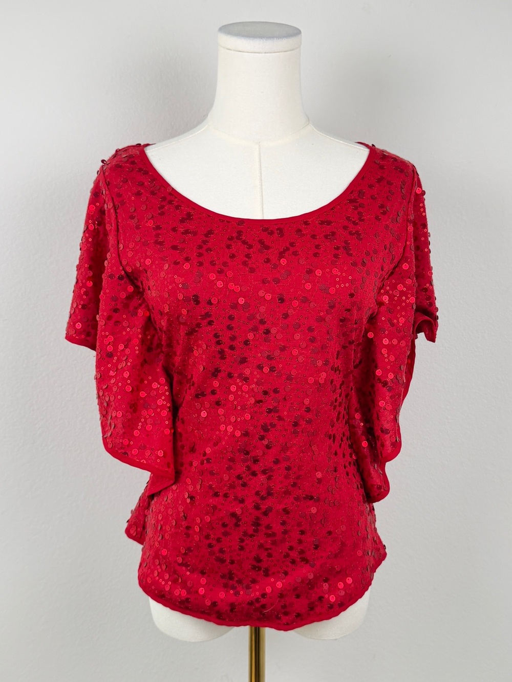 ECI Red Sequin Short Sleeve Scoop Neck Top